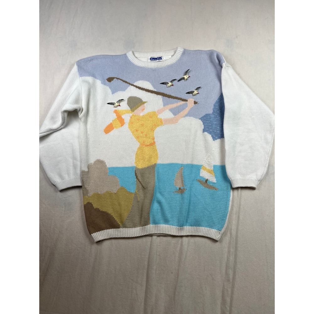Vintage Mariea Kim Women Golf Scene Intarsia Knit Sweater 3D Birds Blue White S